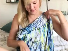 Masturbating busty blonde teen on couch with big toys