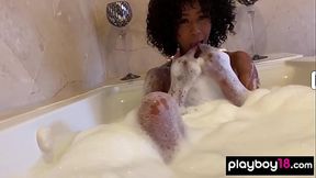 Petite bubble covered ebony MILF Misty Stone fingering her black pussy