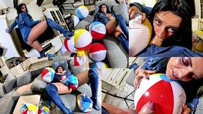 Denim Beach Ball Humiliation. Deepthroat, Popping, Doggy and Double Cum