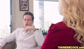 blonde beauty alexis monroe takes matters into her own hands and gets her husbands boss big cock all wet
