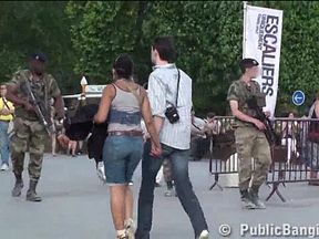 Eiffel Tower crazy public sex threesome group orgy with a cute girl and 2 hung guys shoving their di