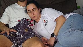 Stepbro jerks off like a loser but that's enough to get her horny