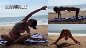 Hatha yoga and balance in bikini at the ocean