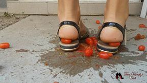 Cherry tomatoes crushed by sandals