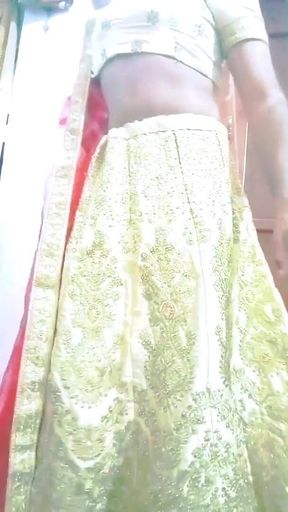 Indian Gay Crossdresser Gaurisissy Feeling Horny in Golden Lehanga