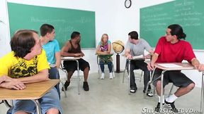 The only female student in the group provides five dicks with deepthroat