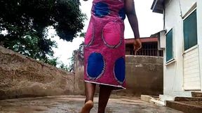 Holy Church Girl Fare Angle Walks Barefoot Outside in African Cloth