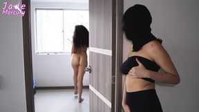 girl robber breaks into a house and watch the house owner getting naked, they both fucked wild