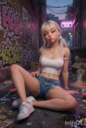 Blonde in public alley, masturbates on the floor with braces and white top