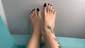 My bare feet with long toes, black toenail polish, worship my toes