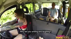 Busty British MILF cheats on her wife with a lesbian fake taxi driver