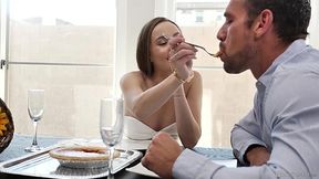Angelic teen Naomi Blue feeds her man with turkey and pussy