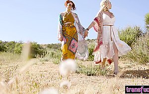 Blonde transexual fucks her redhead lover in missionary