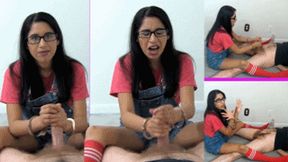 Candy thief eRica gives a handjob while wearing her overalls