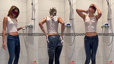 Clothed Shower: Skinny Asian Wet Look in Wet Jeans & Wet Top – LittleLewdLuna Soaked & Soapy Shower Tease is irresistible – Solo Shower Show & Wet Body Admiration