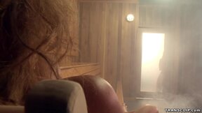 Big boobs MILF fucking TS in sauna