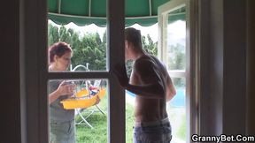 Old mature neighbor sucks and rides his big dick