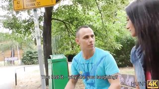 HUNT4K. Angry dude counts cash while hunter impales his girlfriend outdoor