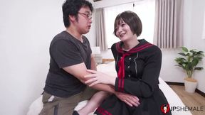 Tgirl Sara Amagi like to have his tiny dick sucked by a chubby man