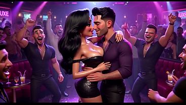 Curvy Woman Enjoys Night At Vibrant Club Dancing Kissing Men And Becoming Nude On All Fours (AI generated)