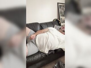 Overweight petite schlong man masturbates orgasms cums underclothing shirt