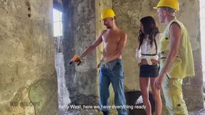 Three workers fucked a fragile boss at a construction site.