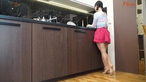 brunette britney in the kitchen in miniskirt ends up fucking in her sheer tan pantyhose