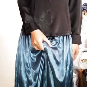 Crossdresser Cumming Wearing Satin Silk Blouse And Shiny Skirt