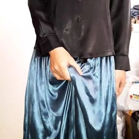 Crossdresser Cumming Wearing Satin Silk Blouse And Shiny Skirt