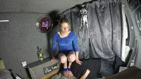 Chelsea Blue Dress Stepping On His Head in The Camper Van