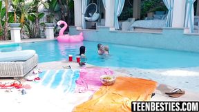 Lesbian pool party threesome with petite teens