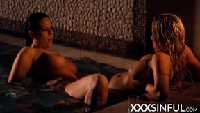 Luscious lesbian girlfriends scissoring in oral pool