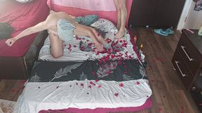Foreplay in the bedroom with an amateur couple. Amateur MILF does yoga naked, hairy pussy, big ass, big tits.