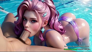 Long-haired LoL cosplay girl gives a deepthroat blowjob in missionary