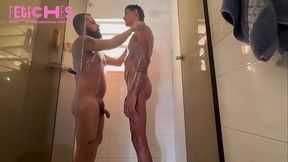 Bearded man gives a bath