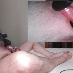 Gagged cock cum from vibrator, cleanup