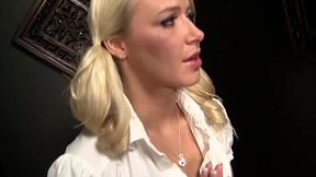 Pretty blonde in a sexy s uniform, Anikka Albrite, gives a blowjob to an...