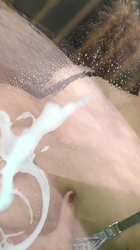 Washing Windows Without Bra and Push Ass and Tits to the Glass