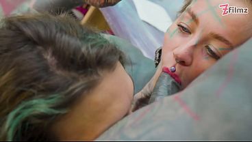 Inked Sluts Double Blowjob Then Anal Fuck Tattoo Session Ends with Cum Glazing New Leg Ink