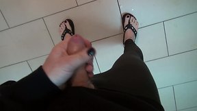Sissy with insane feet in sexy flip-flops strokes off and explodes