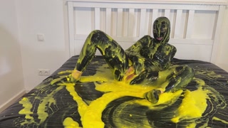 Latex fuck in slime/gunge trailer