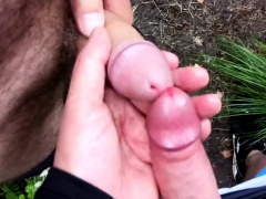 2 guys wanking down the woods