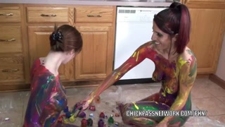 Tattooed redheads Indigo and Lavender get erotic with paint
