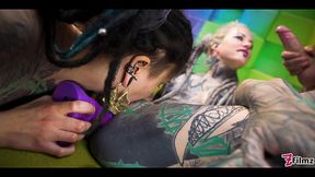 Two goth girls share large cock in wild anal gapes & prolapse