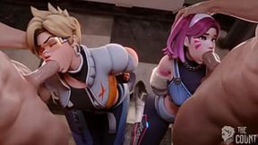 Two horny&#x1F975; ladies give head to sweaty gamers Tracer and Dva all night long