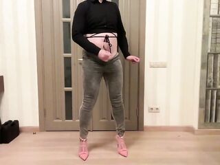 Femboy in grey slim back zipper jeans, high heels and ebony cropped blouse dancing masturbating and cum