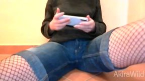 Japanese gamer girl cant hold it while playing Among Us wets panties and jerks off