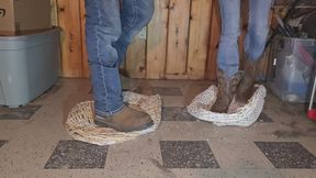 Chrissy and Dan smashing big whicker baskets under boots