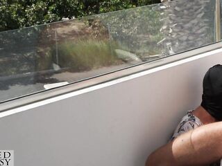 Public Oral sex on Sunny Balcony makes him cum fast, during the time that strangers walking by during his loadshot