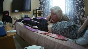 Unexpected deep blowjob from mother-in-law with cum in mouth and swallowing